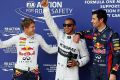 Happy: Sebastian Vettel, Polesetter Lewis Hamilton und Mark Webber